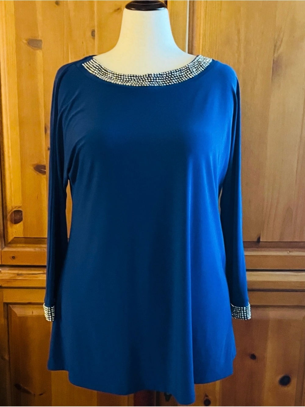 Embellished Navy Long-Sleeve Women's Tunic Top or Petite Dress